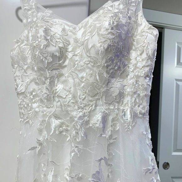 A-Line V-neck Sweep Train Tulle Wedding Dress With Lace - Picture 1 of 5